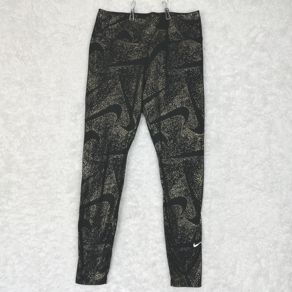 Nike Womens Pants Legging Dri-Fit Mid Rise Black Gold Foil Splatter Tight M